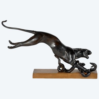 Maurice Prost, "Pantera che attacca un serpente" bronzo Art Déco