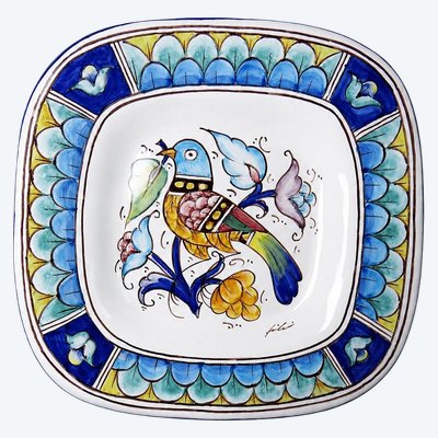 Large Italian wall dish Gubbio bird décor vintage painted earthenware Deruta/Innocenti style