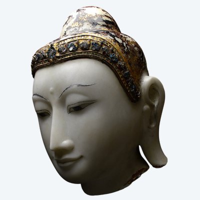 Burma, Konbaung Dynasty (1752 - 1885), Large Buddha head, Marble with polychromy
