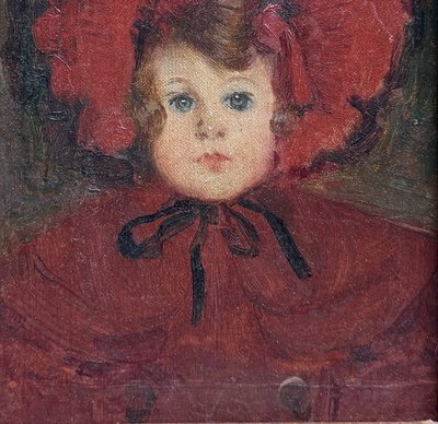 Ecole française impressionniste - Fillette au chapeau rouge, circa 1880