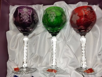 CRYSTAL GLASSES 6 Antique Colored Cut Crystal Footed Glasses