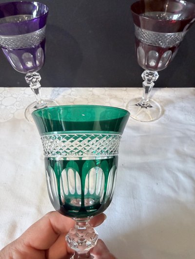 Set of 6 cut and lined crystal glasses - various colors