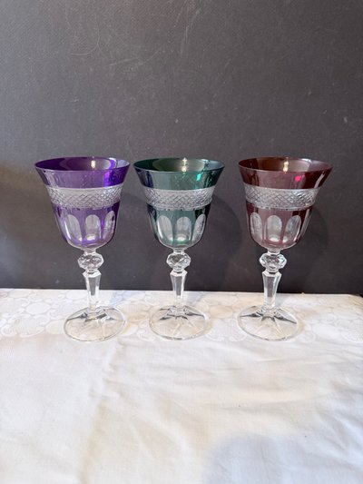 Set of 6 cut and lined crystal glasses - various colors