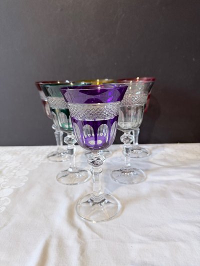Set of 6 cut and lined crystal glasses - various colors