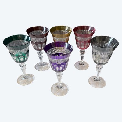 Service de 6 verres en cristal taillé et doublé – couleurs variées