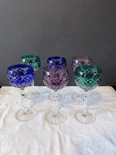 Set of 6 stemmed glasses - Cut and lined crystal - Various colors