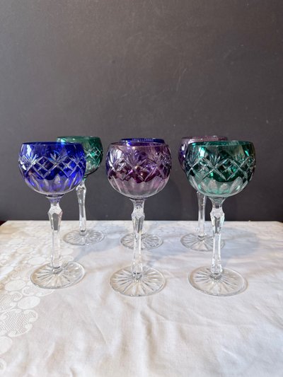Set of 6 stemmed glasses - Cut and lined crystal - Various colors