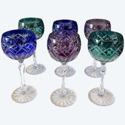 Ensemble de 6 verres à pied - Cristal taillé et doublé - Couleurs variées