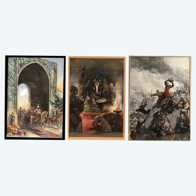 Suite di tre acquerelli firmati, inizio XX secolo