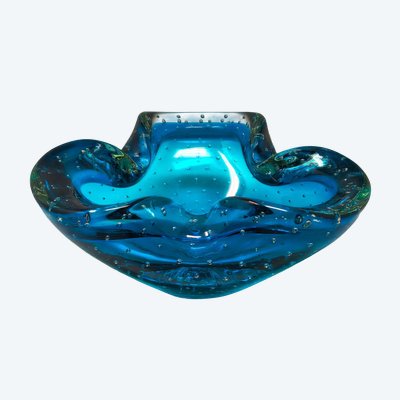 1960s Mid-century Blue Ashtray or Catchall in Bullicante Murano Glass by Flavio Poli