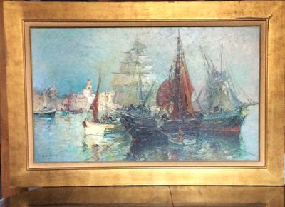 Bâteaux au port - Huile de A. Demarta  -  XXème