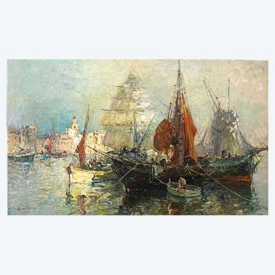 Bâteaux au port - Huile de A. Demarta  -  XXème