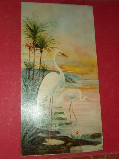 Paire de tableaux,  Aigrettes et Cygnes, époque, 20 ème,  art nouveau.