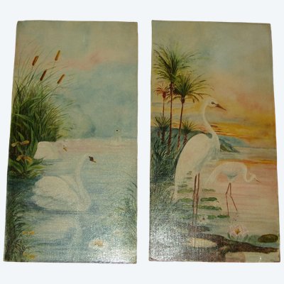 Paire de tableaux,  Aigrettes et Cygnes, époque, 20 ème,  art nouveau.