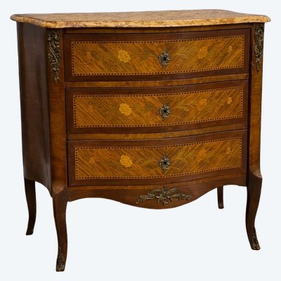 Commode de Dame galbée style Louis XV marquetée avec marbre – XIXᵉ siècle