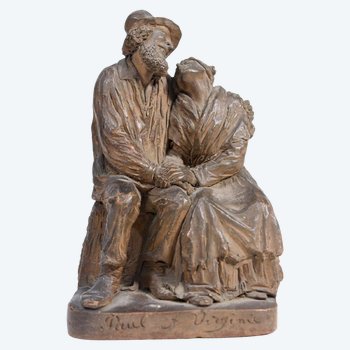 Terracotta Sculpture Representing Paul And Virginia XIXth century