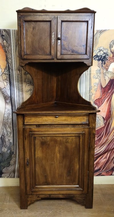 Buffet d’angle Louis Philippe en Noyer massif avec partie haute – meuble rustique - XIXeme