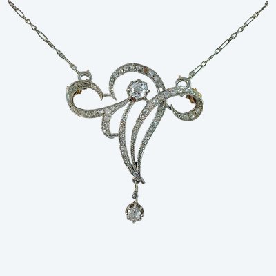 Belle Epoque Art Nouveau Diamond Necklace on Platinum and White Gold, on a White Gold Chain