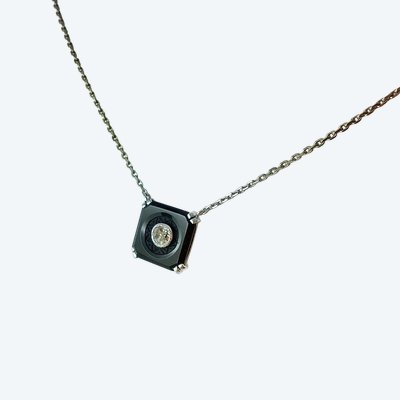Art Deco-Style Necklace with Onyx Plaque and Diamond Pendant in White Gold