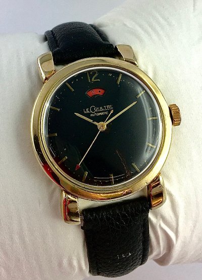 LeCoultre Powermatic Automatic Uhr Schwarzes Zifferblatt Gangreserve 50er Jahre Goldfilled Leder