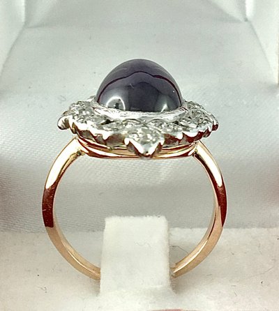 Bague Marquise Saphir Mauve Étoilé Et Diamants sur Ors Rose et Blanc Style Belle Epoque