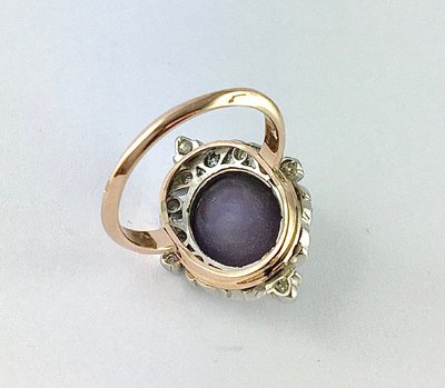 Bague Marquise Saphir Mauve Étoilé Et Diamants sur Ors Rose et Blanc Style Belle Epoque