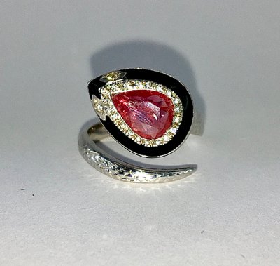 Bague Serpent Rubis Poire, Email Noir et Diamants sur Or Blanc