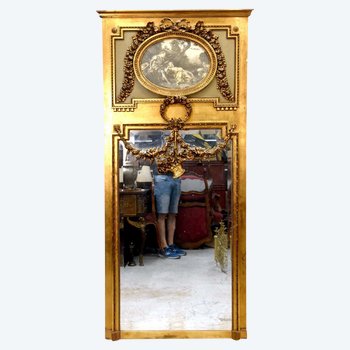 Louis XVI Style Trumeau In Wood And Golden Stucco Medallion Engraving