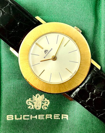 Vintage Bucherer 1960s Yellow Gold Watch on Leather, Manual Movement, Ultra-Thin, and its Case