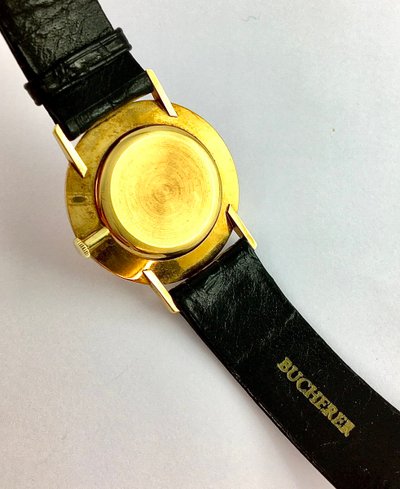 Vintage Bucherer 1960s Yellow Gold Watch on Leather, Manual Movement, Ultra-Thin, and its Case