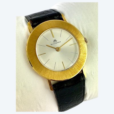 Vintage Bucherer 1960s Yellow Gold Watch on Leather, Manual Movement, Ultra-Thin, and its Case