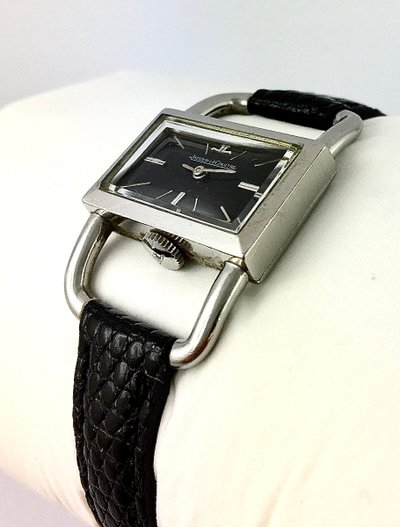 Jaeger-LeCoultre Etrier Damenuhr, Stil der 1960er Jahre, Edelstahl und Lederarmband, mechanisch, schwarzes Zifferblatt