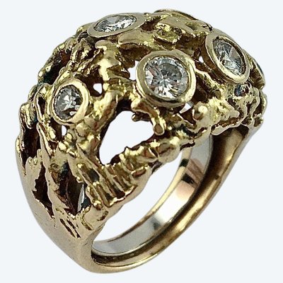 Anello vintage anni '70 con sfera in oro giallo e diamanti