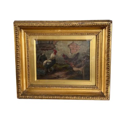 Peinture à l'huile représentant un coq et des poules, signée E. S. England – Fin du XIXe siècle