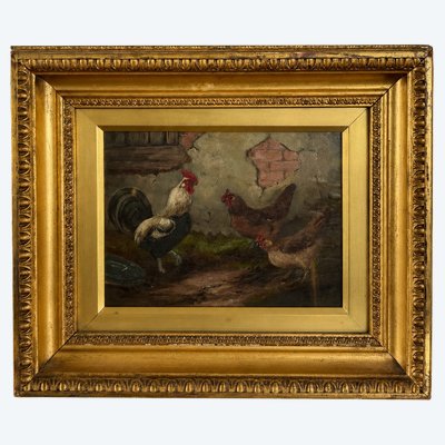 Peinture à l'huile représentant un coq et des poules, signée E. S. England – Fin du XIXe siècle