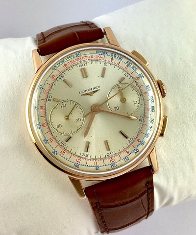 Longines Chronograph Ref. 7414 Flyback Kaliber 30CH Mechanisch 1962 Roségold Leder