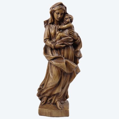 Madonna mit Kind aus geschnitztem Nussbaumholz Deutsch Religiöse Kunst aus Tirol Mitte 20.