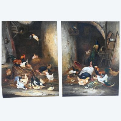 Paire de toiles poules et coqs du XIX signées de Guilleminet