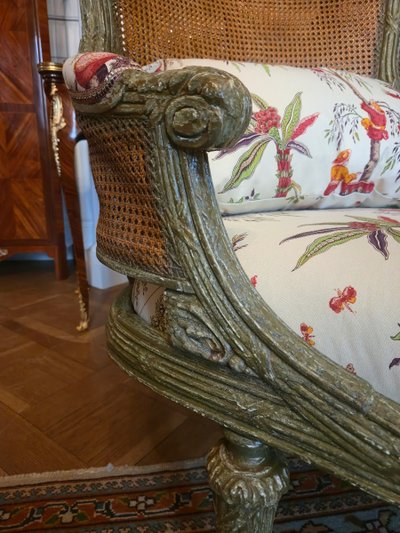 Louis XVI style caned chaise longue, late 19th century.