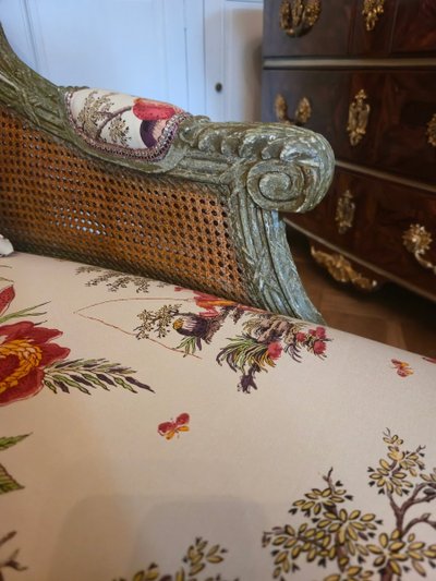 Louis XVI style caned chaise longue, late 19th century.