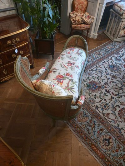 Louis XVI style caned chaise longue, late 19th century.