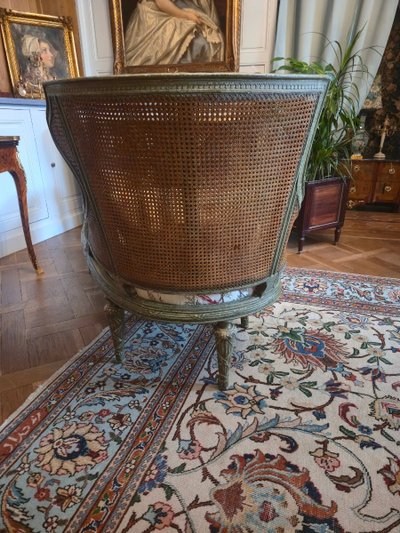 Louis XVI style caned chaise longue, late 19th century.