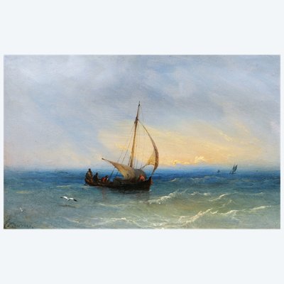 François Pierre Barry, Barque In The Mediterranean Sea, Marine Painting With Boat