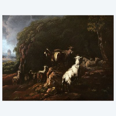 Attribué à Philipp Peter ROOS, dit ROSA di TIVOLI, Chèvres dans un paysage, tableau