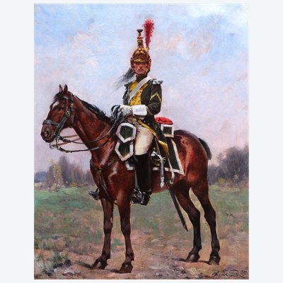 Albert-Ferdinand LE DRU, Dragon de la Garde Impériale de Napoléon à cheval, tableau militaria