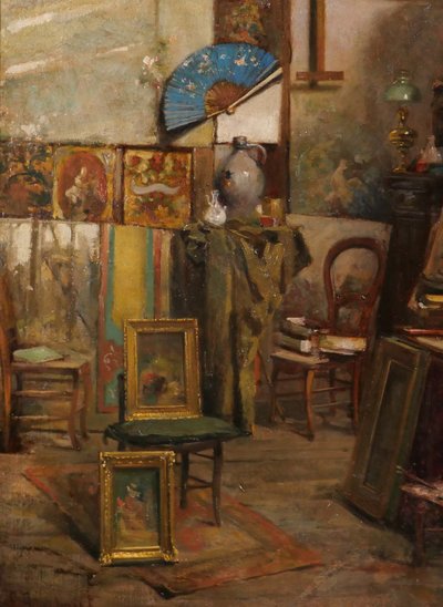 Emile Rimbout 1849-1926 L'atelier de l'artiste à Bruxelles, tableau, vers 1890 intérieur Belgique