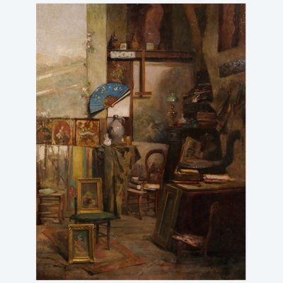 Emile Rimbout 1849-1926 L'atelier de l'artiste à Bruxelles, tableau, vers 1890 intérieur Belgique