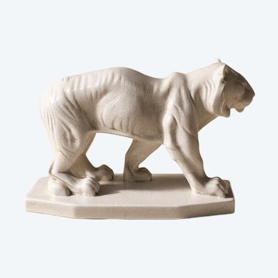 Keramik-Tierskulptur im Art-Deco-Stil: ein gehender Tiger – La Louvière Emaille – um 1930
