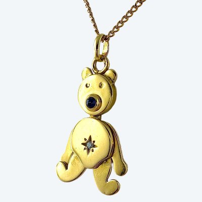 Pendentif Ourson Teddy Bear Articulé, Saphir et Diamant sur Or Jaune