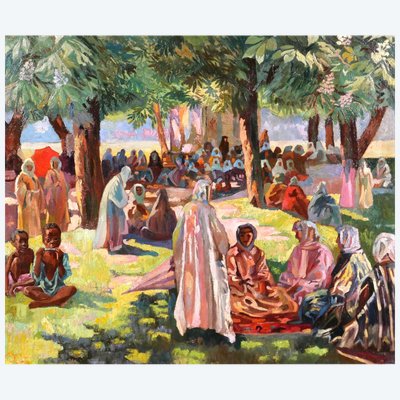 Léoanrd Pelgrims 1894-1967 Congo Belge, scène animée, tableau vers 1930 paysage Afrique africanisme